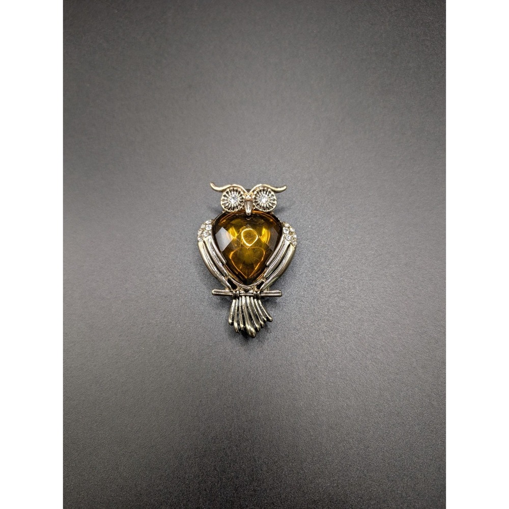 Vintage Napier Owl Brooch Pin Amber Faceted Rhinestone Gold Tone Figural Bird